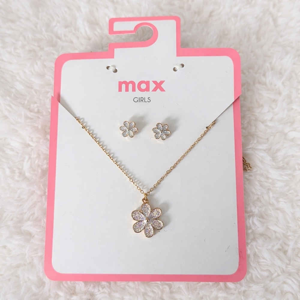 NEW Max Girls Gold Tone Flower Necklace & Stud Earrings Set Glitter Daisy jewlry